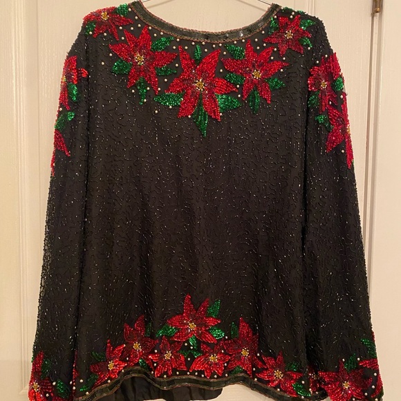 Festive Black Cardigan with Red and Green Floral Design - Picture 2 of 4
